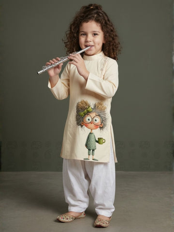 [DGKS-MGSP-B] Girls Beige Ethnic motifs Printed Cotton Kurti Set