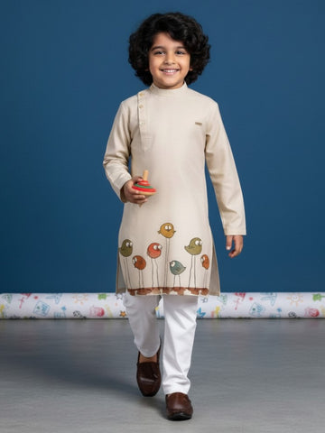 [DBKS-MGSP-B] Boy's Beige Ethnic motifs Print cotton kurta Set
