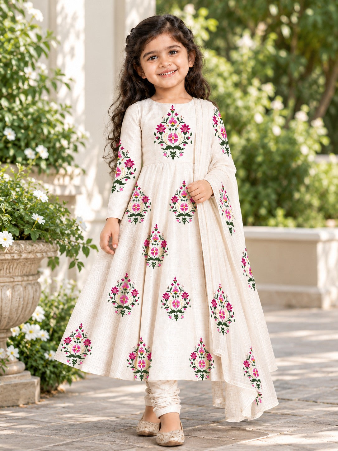 Girls' Off-White Art Silk Kurti and Churidar Pant Set – Printed