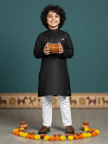 [DBKS-MG] Boy's Black Solid Side Placket cotton kurta Set