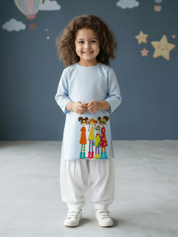 [DGKS-MGSP-RN] Girls Sky Blue Ethnic Motifs Printed Cotton Kurti Set