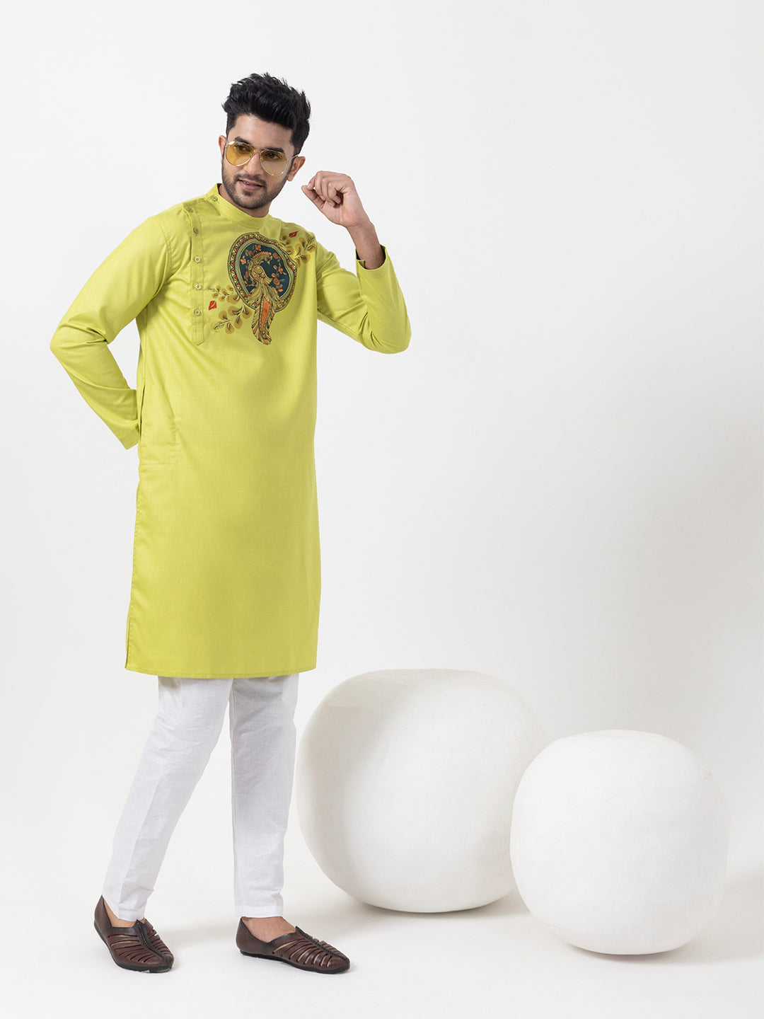 Mens Lime Green Side Placket Printed Kurta-Pyjama Set