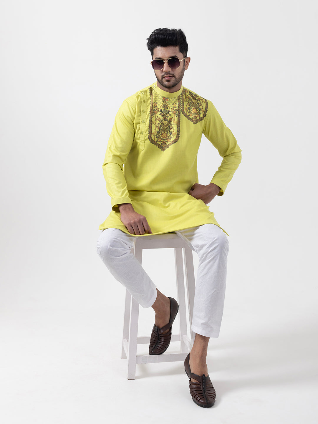 Mens Lime Green Side Placket Printed Kurta Wite Pyjama Set