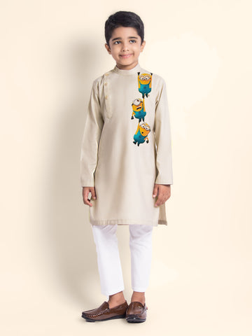 Boys Beige Printed Kurta With Pyjama