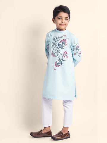 Boys Sky Blue Printed Kurta With Pyjama Set