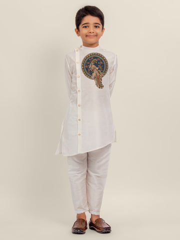 Boys White Printed Kurta With Pyjama Set