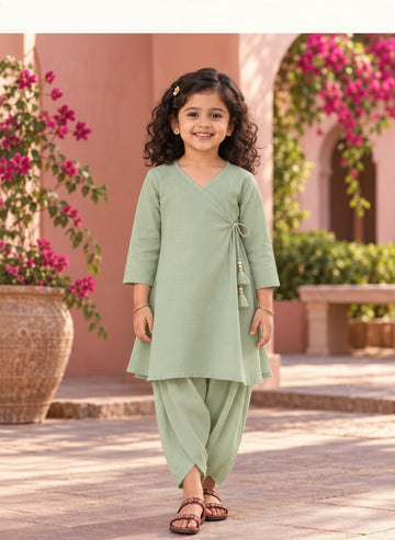 Girls' Sea Green Cotton Kurti with Tulip pant Set – Solid