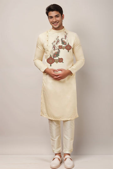 Band Collar Ethnic Motifs Printed Straight Cotton Kurta With Pyjama Set