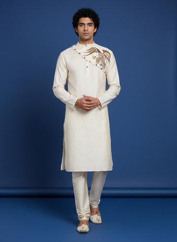 Men's Beige Silk Kurta Set – Ethnic Print & Side Placket