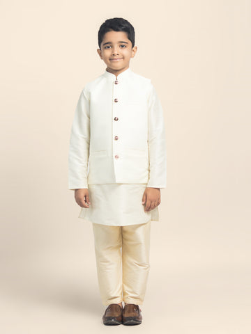 Boys White Solid Kurta & Pyjama Set With Nehru Jacket