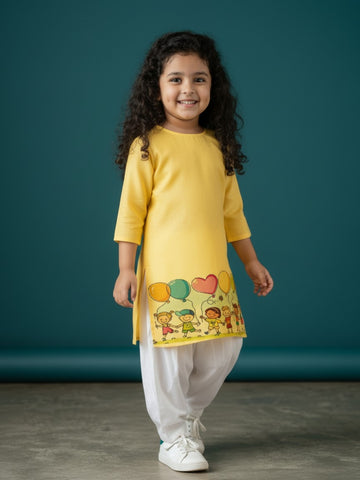 [DGKS-MGSP-RN] Girls Yellow Ethnic Motifs Printed Cotton Kurti Set