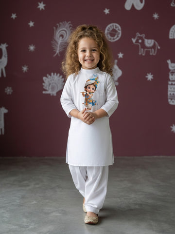 [DGKS-MGSP-B] Girls White Ethnic Motifs Printed Cotton Kurti Set