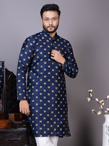 Men Mandarin Collar Jacquard Kurta with Pyjama