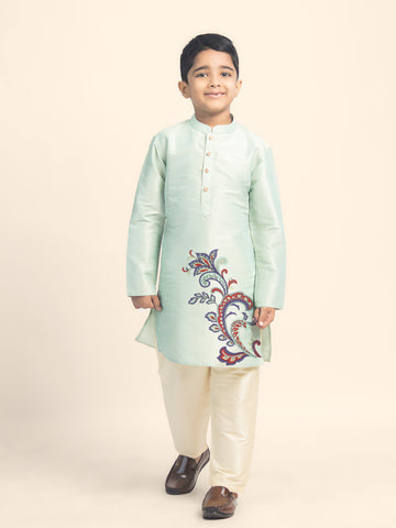 Boys Green Printed Kurta with Beige Pyjama Set