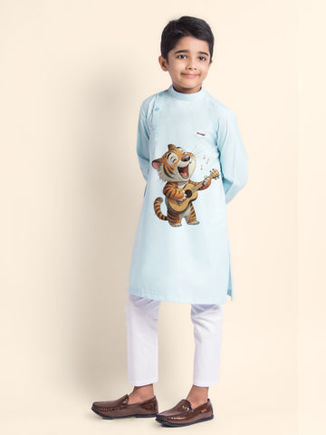 Boys Sky Blue Printed Kurta With Pyjama Set