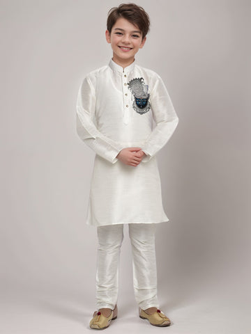 Boys White Printed Kurta With Pyjama Set