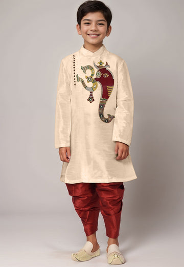 Boys Beige Printed Kurta With Dhoti