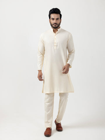[MG] Men's Beige Solid Cotton Kurta Set