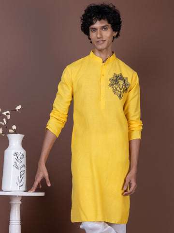 Mens Yellow Printed Kurta Pyjama Set