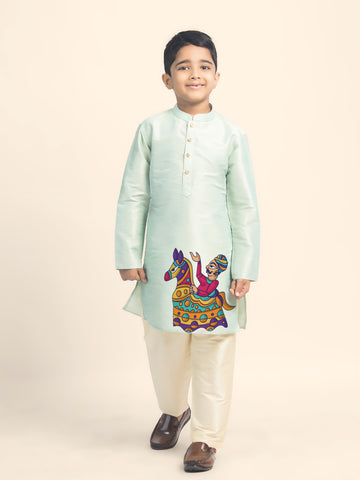 Boys Green Printed Kurta with Beige Pyjama Set