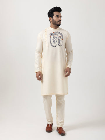 [MGSP-B] Men's Beige Ethnic Print Side Placket Cotton Kurta Set