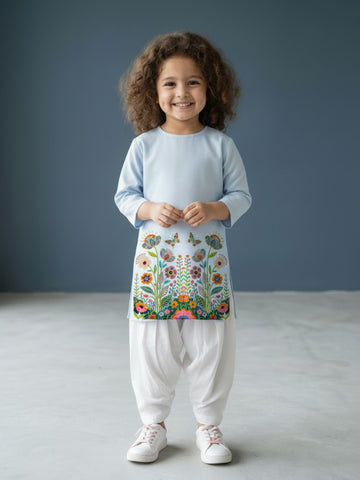 [DGKS-MGSP-RN] Girls Sky Blue Ethnic Motifs Printed Cotton Kurti Set