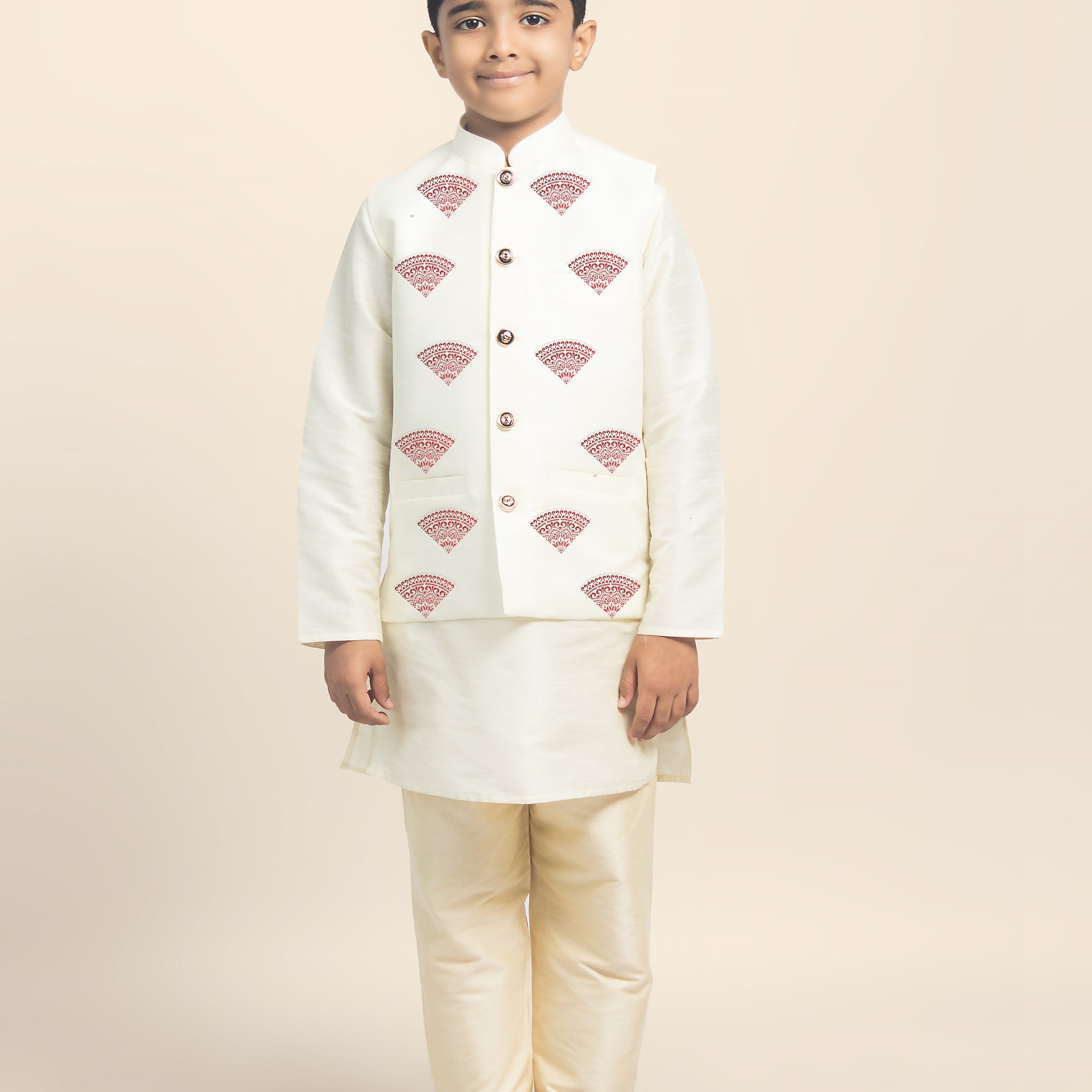 Boys White Printed Kurta & Pyjama Set With Nehru Jacket