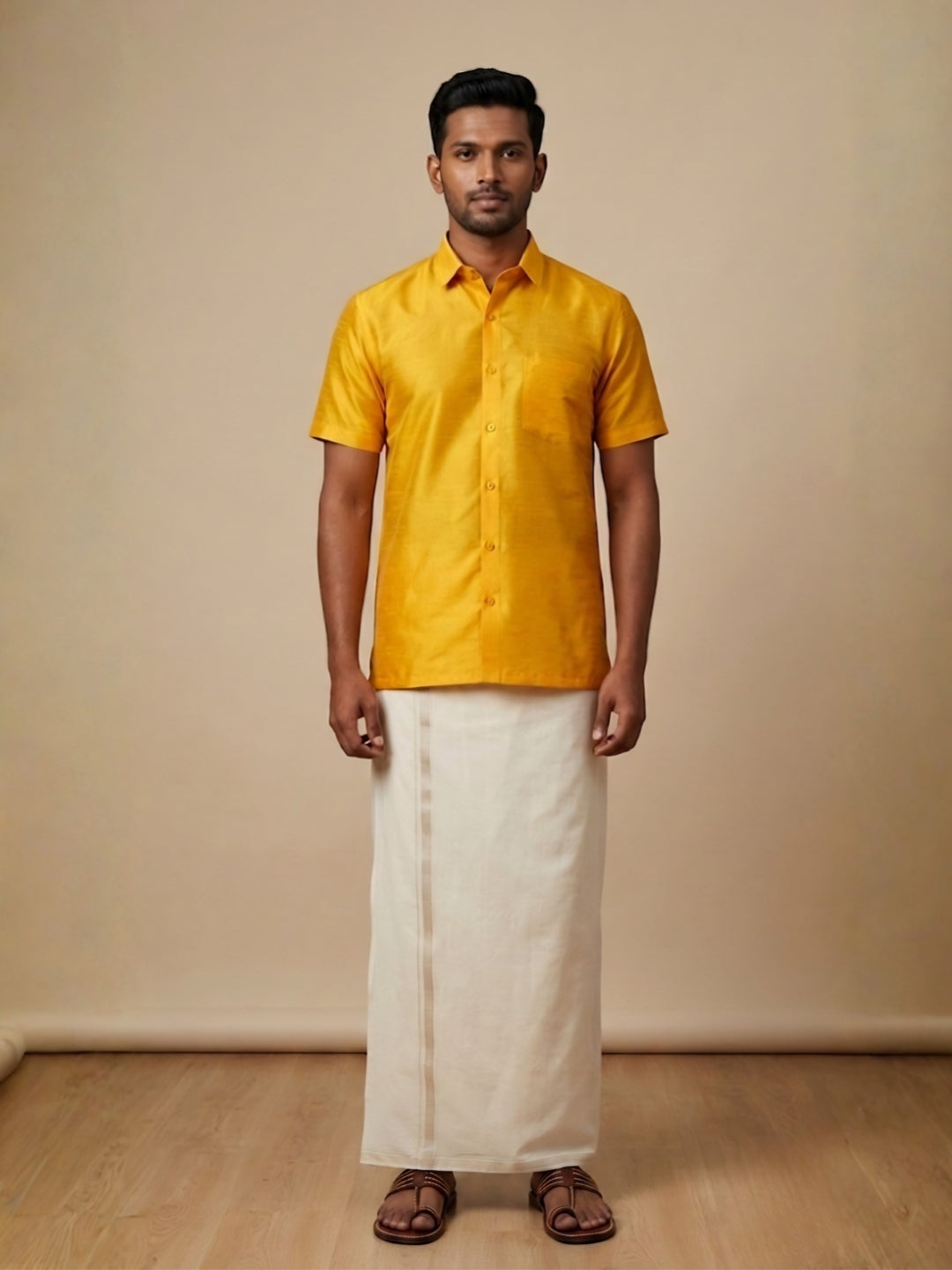[DS-DP] Men's Yellow Solid Textured Art Silk Shirt