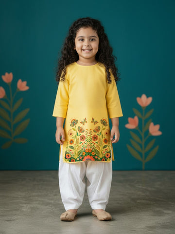 [DGKS-MGSP-RN] Girls Yellow Ethnic Motifs Printed Cotton Kurti Set