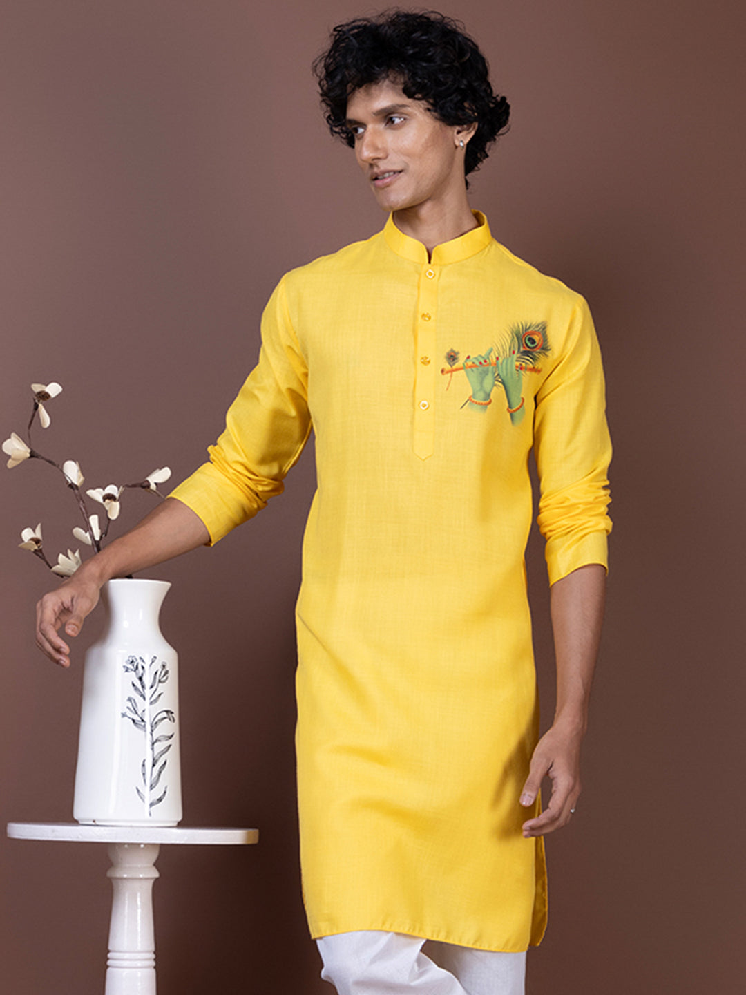 Mens Yellow Printed Kurta Pyjama Set