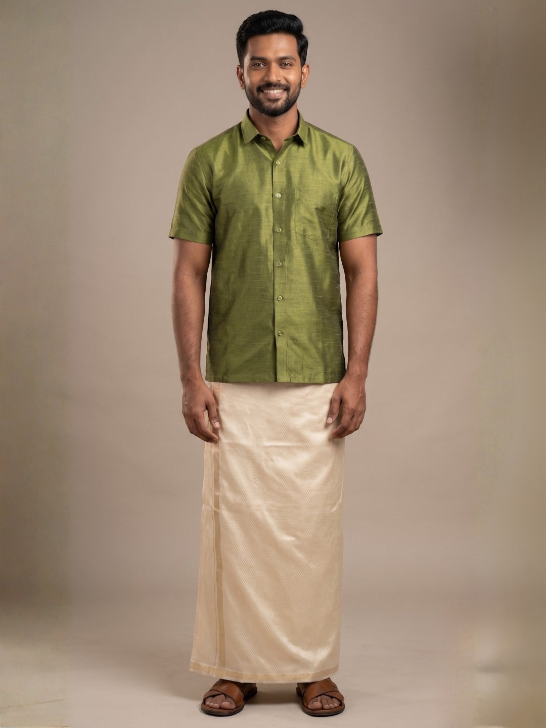 [DS-DP] Men's Green Solid Textured Art Silk Shirt