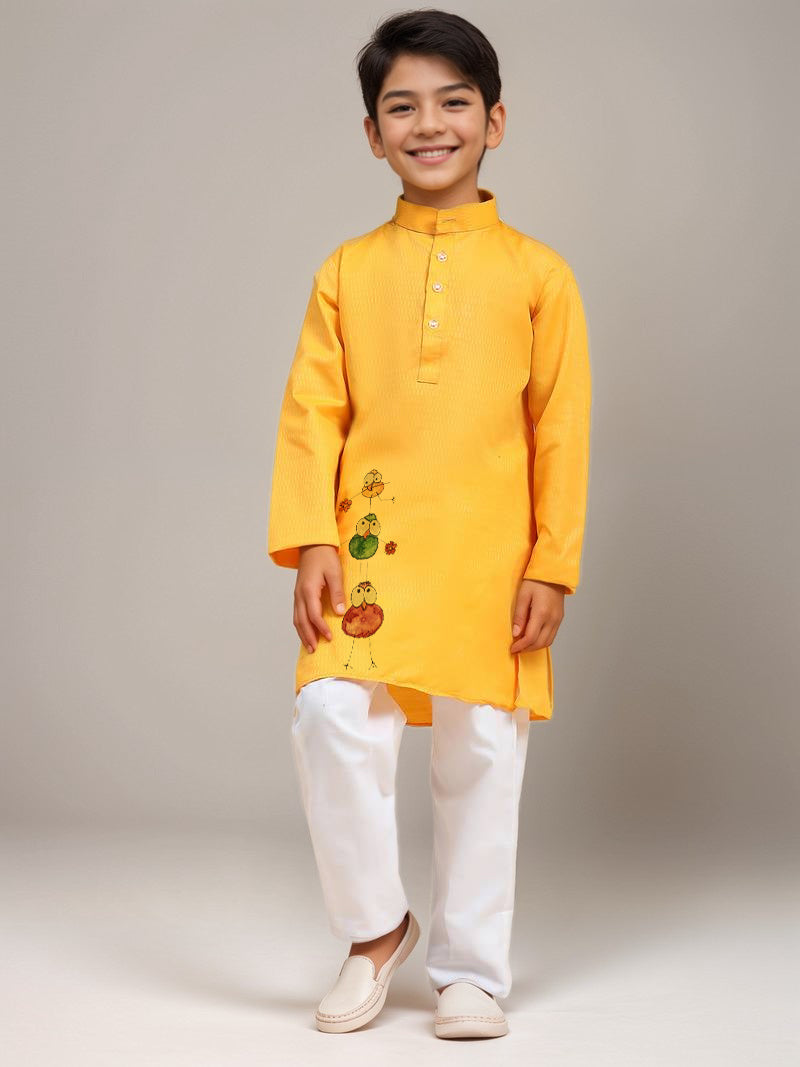 Boys Yellow Printed Kurta with Pyjama Set