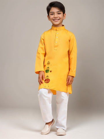 Boys Yellow Printed Kurta with Pyjama Set