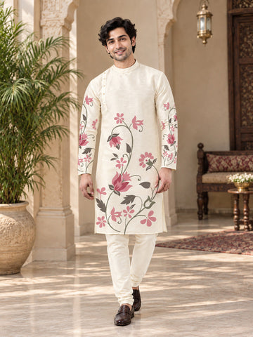 Men's Off-White Art Silk Kurta Pyjama Set – Ethnic Print & Side Placket