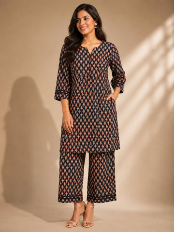 Women's Black Cotton Co-ord Set – Printed