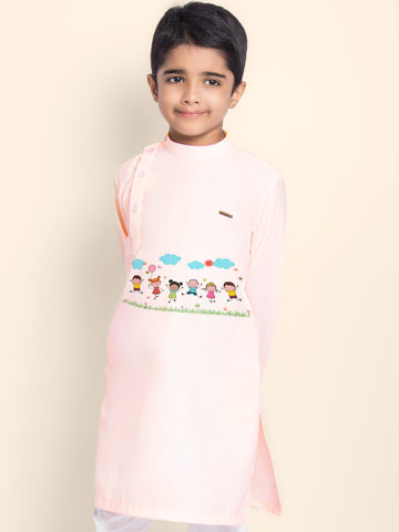 Boys Pink Cotton Kurta Pyjama with Print