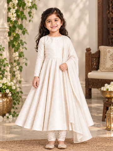 Girls' Off-White Art Silk Kurti and Churidar Pant Set – Solid