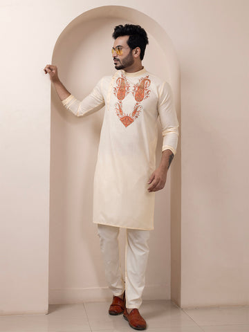 [MGSP-B] Men's Beige Ethnic Print Side Placket Cotton Kurta Set
