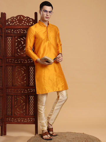 Woven Design Mandarin Collar Thread Work Straight Kurta With Pyjama Set