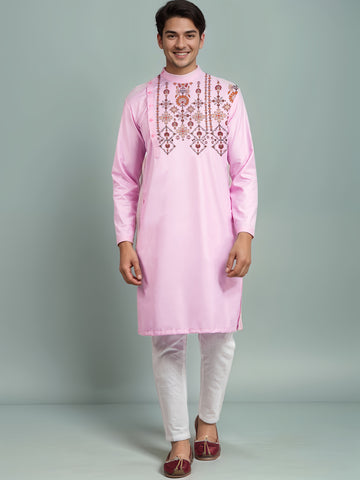 Mens Pink Printed Kurta With Pyjama Set