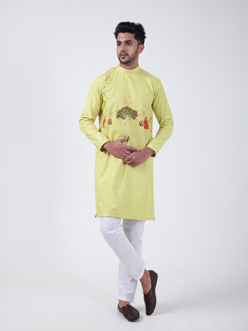 [MGSP-B] Men's Lime Green Ethnic Print Side Placket Cotton Kurta Set