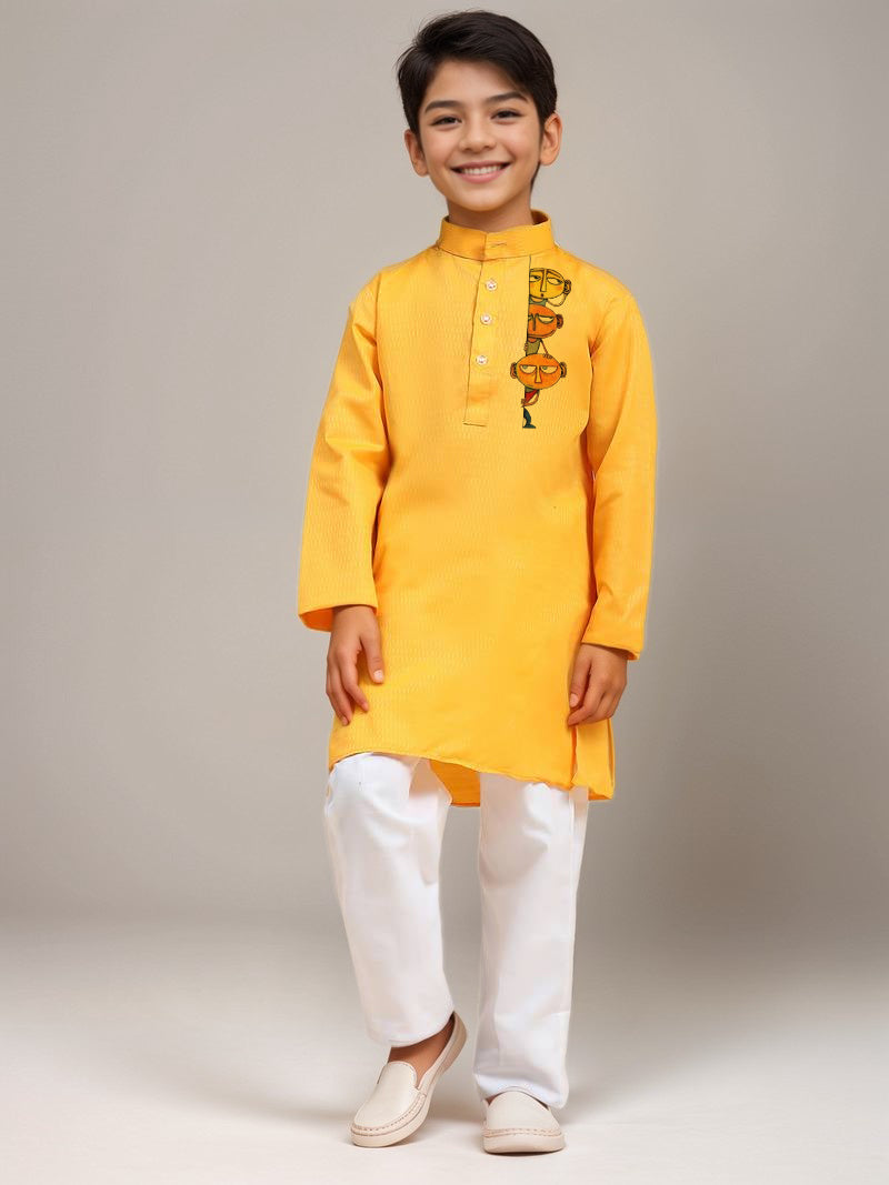 Boys Yellow Printed Kurta with Pyjama Set