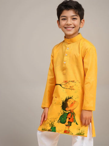 Boys Yellow Printed Kurta with Pyjama Set