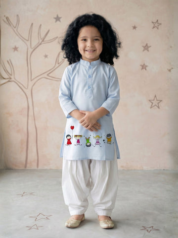 [DGKS-MGSP] Girls Sky Blue Ethnic Motifs Printed Cotton Kurti Set