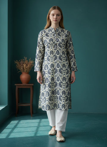 [DF-DPSP] Women White Printed Art Silk Kurti Set