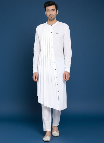 Men's White Silk Kurta Set – Solid & Side Placket