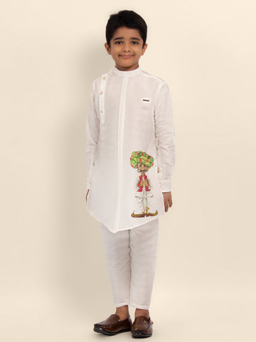 Boys White Printed Kurta With Pyjama Set