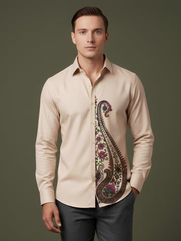 [DS-MGSP] Men's Beige Ethnic Printed Cotton Shirt
