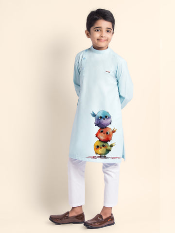 Boys Sky Blue Printed Kurta With Pyjama Set