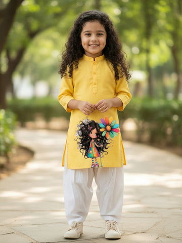 Girls' Yellow Cotton Kurti Set – Ethnic Print